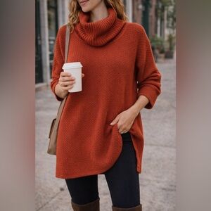Anthropologie Tulle Burnt Orange Cowl Neck Sweater Tunic XL Cozy Boho Fall